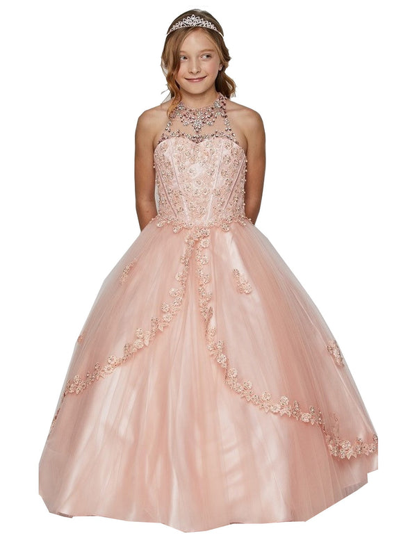 Big Girls Blush Dazzling Rhinestone Pearls Halter Neck Pageant Dress 8-16 - SophiasStyle.com